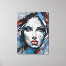 Quadro abstrato rosto de mulher azul, cinza, preto