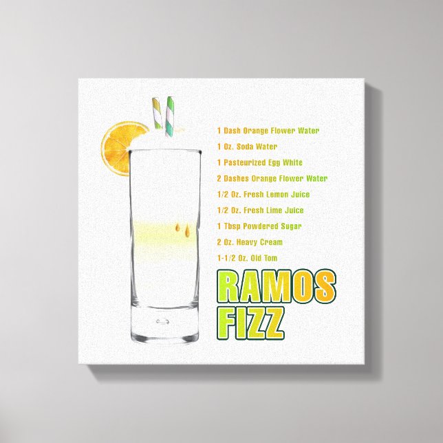 Toile Ramos Gin Fizz Cocktail Recette Art 12"x12" (Recto)
