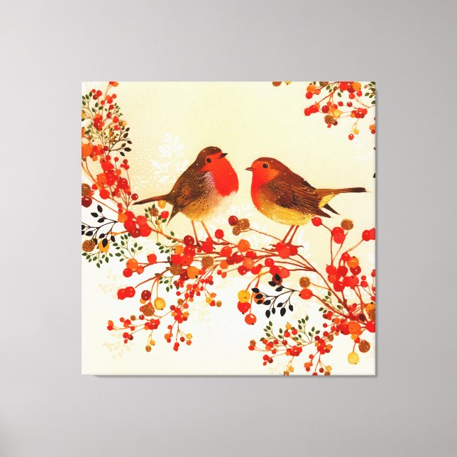 Toile Red Gold Winter Birds Holly Berry Branches (Recto)