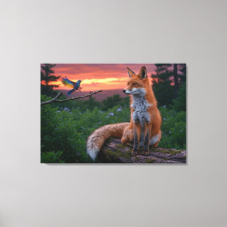 Toile Renard et Oiseau au Coucher de Soleil – Forêt Tran