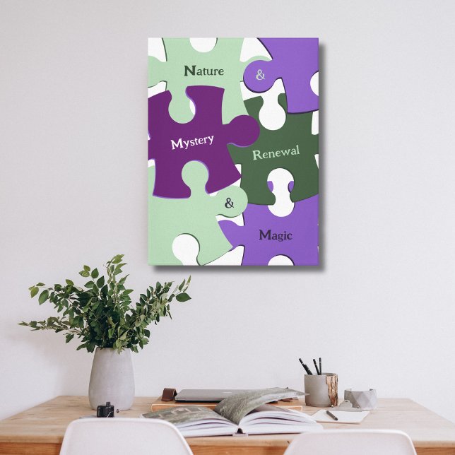 Toile Renouveau de la nature verte Mystère pourpre Puzzl (Green Nature Renewal Purple Mystery Magic Puzzle Canvas Print, Custom Text & Color)