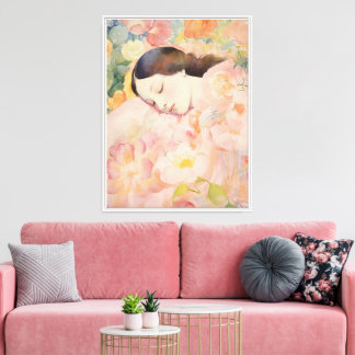 Toile Rêverie en fleurs – Femme endormie à l'aquarelle