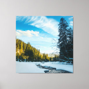 Toile rivière de montagne gelée au milieu de la forêt en