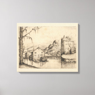 Toile Rivière et bâtiments - Encre allemande du 16ème si