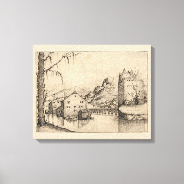 Toile Rivière et bâtiments - Encre allemande du 16ème si (Recto)