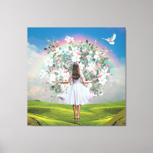 Toile Robe blanche Bouquet Girl Ciel arc-en-ciel Collage