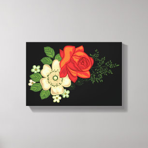 Toile Rose rouge et pâquerettes Fond noir
