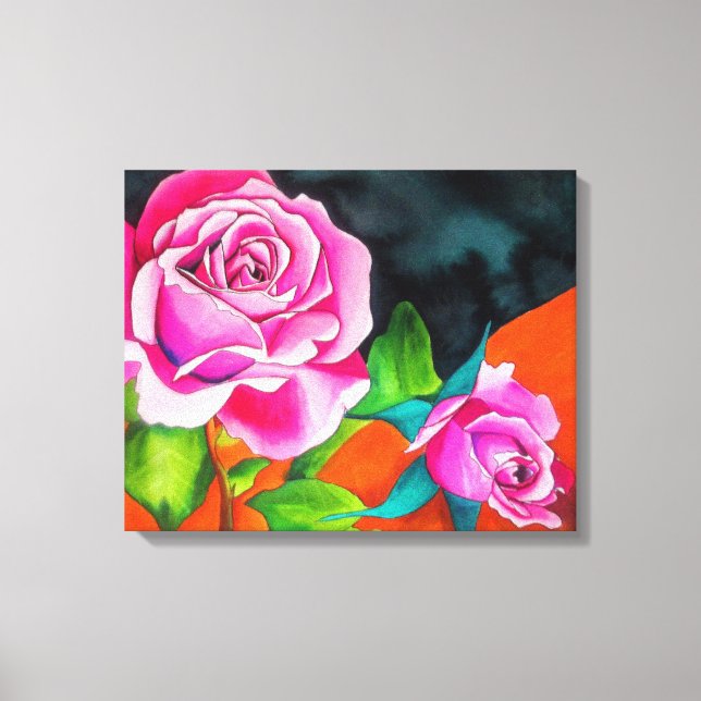 Toile Roses roses avec l'aquarelle contemporaine orange (Recto)