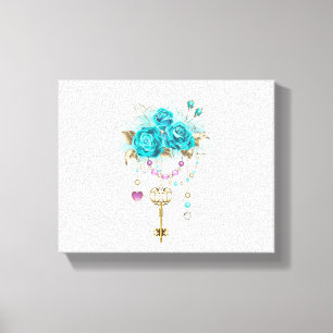 Toile Roses turquoise avec touches