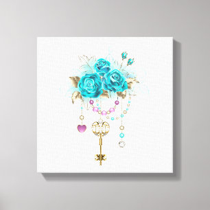Toile Roses turquoise avec touches