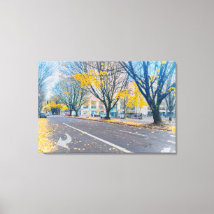 Toile Rue d'automne avec Feuilles jaunes
