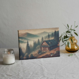 Toile "Rustic Mountain Cabin in Fog – Vintage Forest