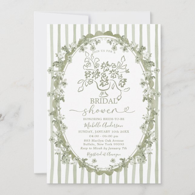 Toile Sage Floral Bouquet Bow Brautparty Einladung (Vorderseite)