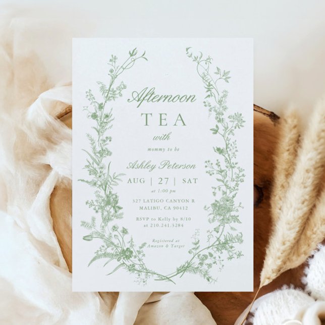 Toile Sage Green Afternoon Tea Party Babydusche Einladung (Von Creator hochgeladen)