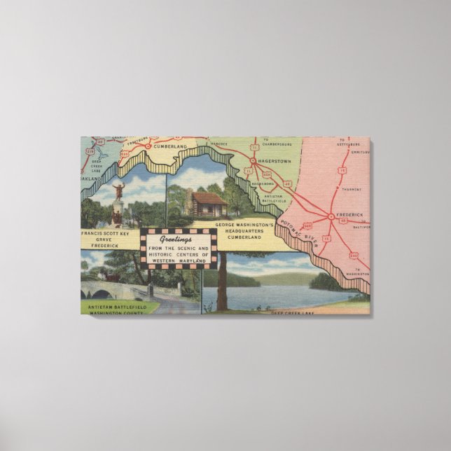 Toile Salutations Du Maryland Occidental (Carte Détaillé (Recto)