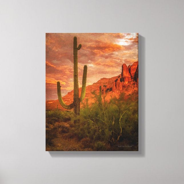 Toile Saquaro Cactus Superstition Mountain Sunset 11x14 (Recto)