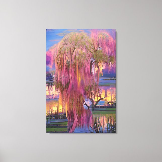 Toile Saule rose au coucher du soleil près de l'étang (Recto)