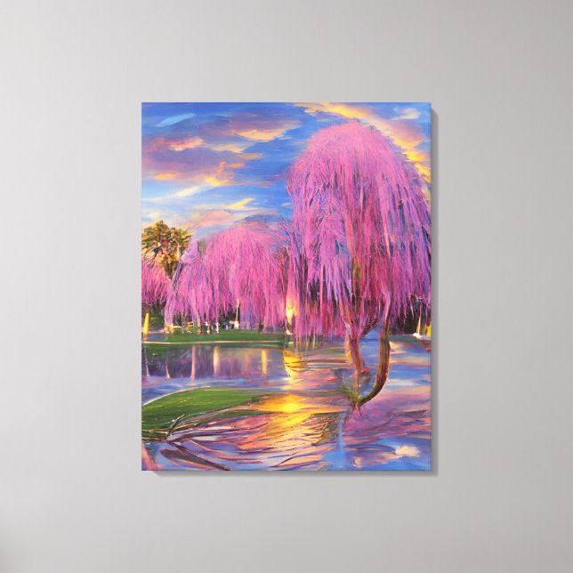 Toile Saule rose au coucher du soleil près de l'étang (Recto)