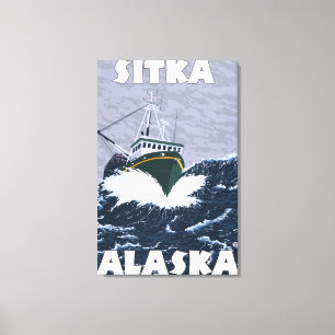 Toile Scène de bateau de pêche - Sitka, Alaska
