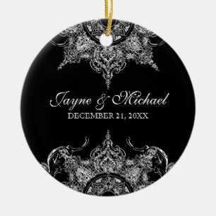 Toile Schwarz Weiß Damast Wirbel Erstes Weihnachte Keramik Ornament
