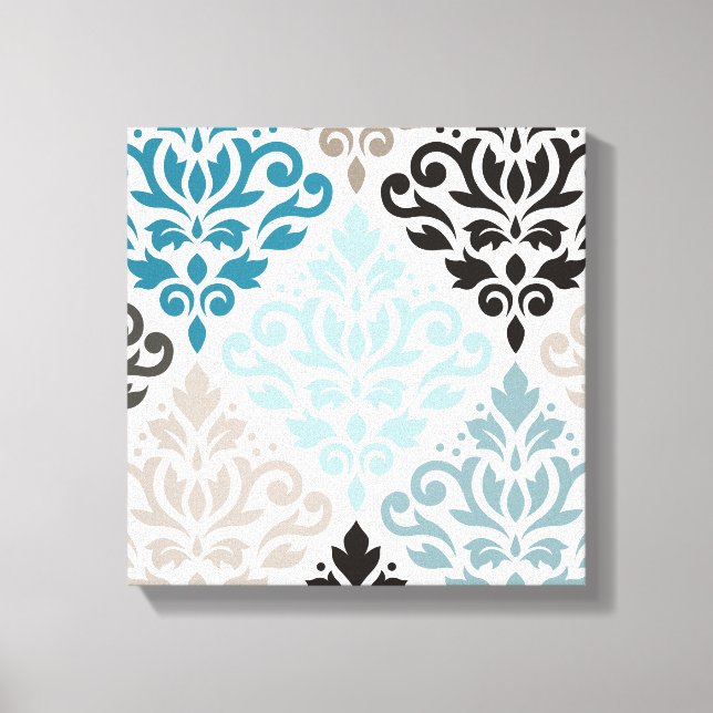Toile Scroll Damask XLg Motif Art Teals Browns White (Recto)