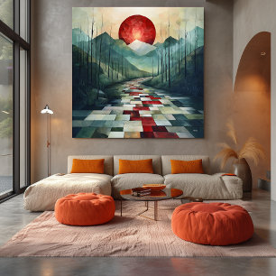 Toile Sentier de montagne abstrait avec soleil rouge et