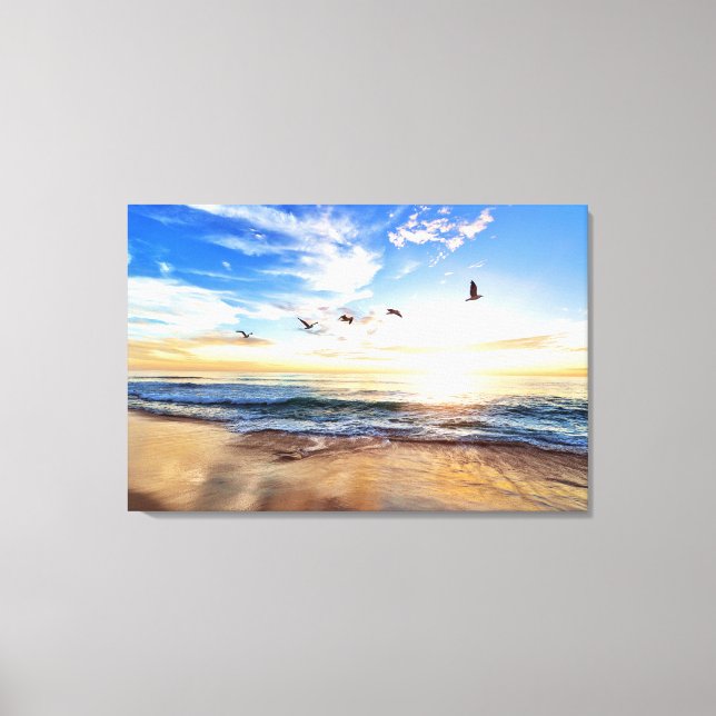 Toile Serene Ocean Sunrise Birds Blue Sky Golden Shore (Recto)