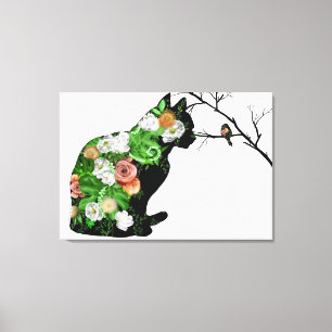 Toile Silhouette de chat floral
