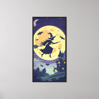 Toile Silhouette de sorcière volante sous Pleine lune