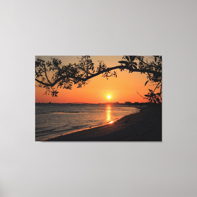 Toile Silhouette du coucher de soleil avec branche d'arb (Recto)