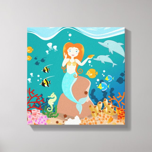 Toile Sirène et dauphins sous la mer fête d'anniversaire (Recto)