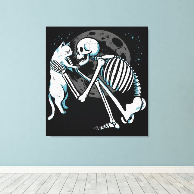Toile Skeleton Cat Friend Moon Night Art (Insitu (Plancher de Bois))