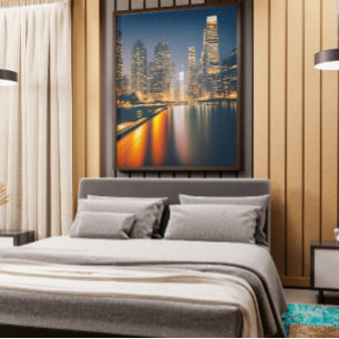 Toile Skyline de nuit avec Pleine lune : Peinture numéri