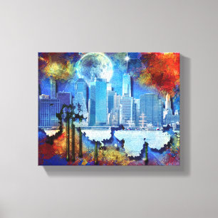 Toile SlipperyJoe NYC graffiti lune entourée de tourbill