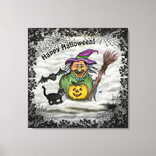 Toile Sorcière, Chat, Chauve-souris et Citrouille, Bonne