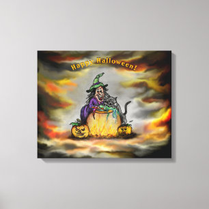 Toile Sorcière et chat noir, Happy Halloween !