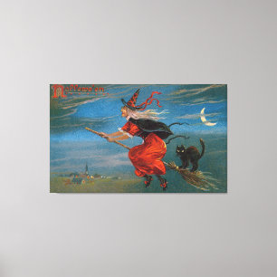 Toile Sorcière volant avec chat noir la nuit d'Halloween