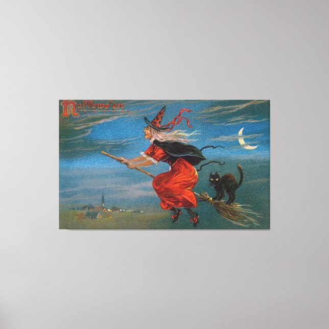 Toile Sorcière volant avec chat noir la nuit d'Halloween (Recto)