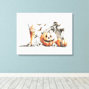 Toile Squelette avec citrouille et boire. Halloween.