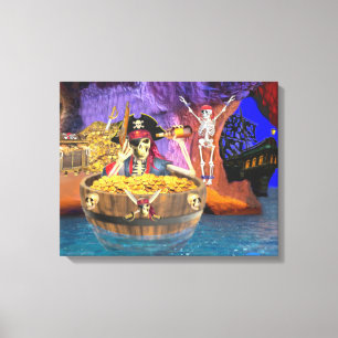 TOILE SQUELETTE DE PIRATE DANS UN TONNEAU