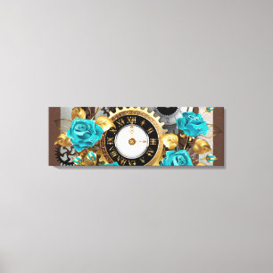 Toile Steampunk Clock and Turquoise Roses on Striped