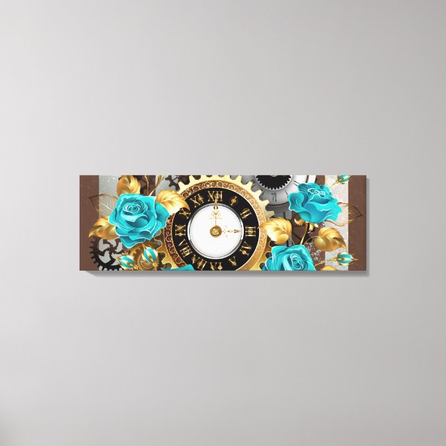 Toile Steampunk Clock and Turquoise Roses on Striped (Recto)