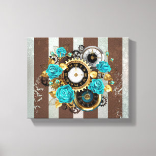 Toile Steampunk Clock and Turquoise Roses on Striped