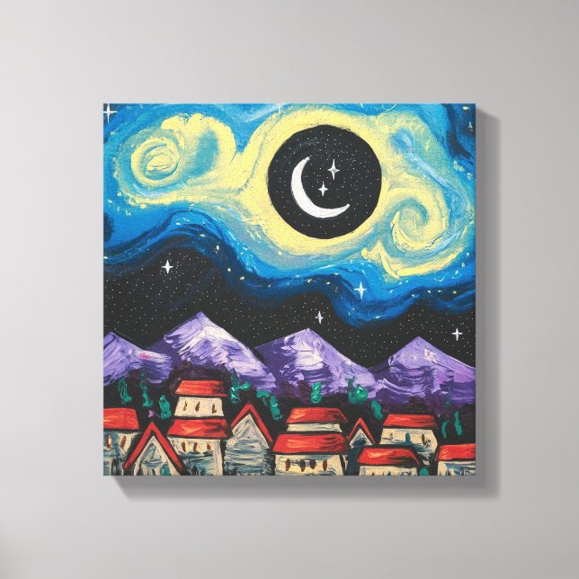 Toile Stress Night Crescent Moon Over Village Art Imprim (Recto)