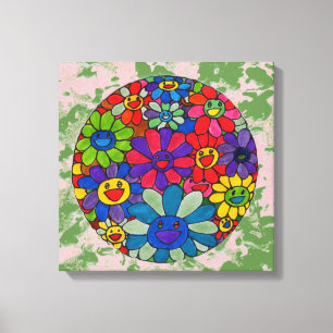 Toile "style art peter max"boules de fleurs souriantes t