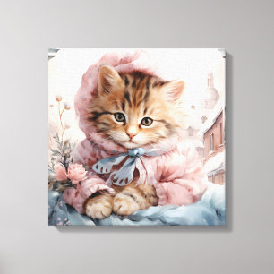 Toile Tabby Kitten Brown Habillé De Rose Dans Une Fenêtr