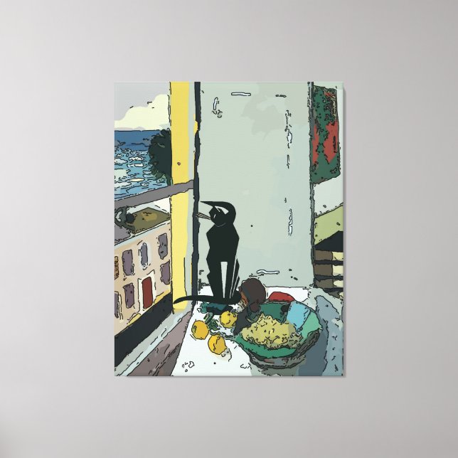 Toile Tableau par fenêtre avec chat noir (Recto)