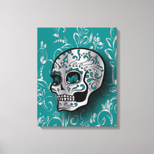 Toile Teal lunatique et crâne argenté de sucre