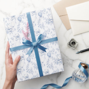 Toile-Teddybär und Floral Dusty Blue Baby Shower Geschenkpapier