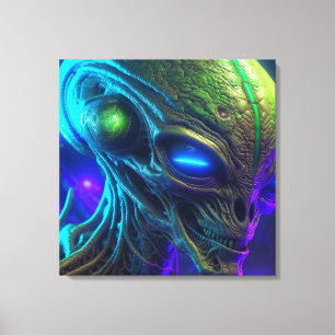 Toile Tête d'alien effrayant avec des yeux bleus brillan